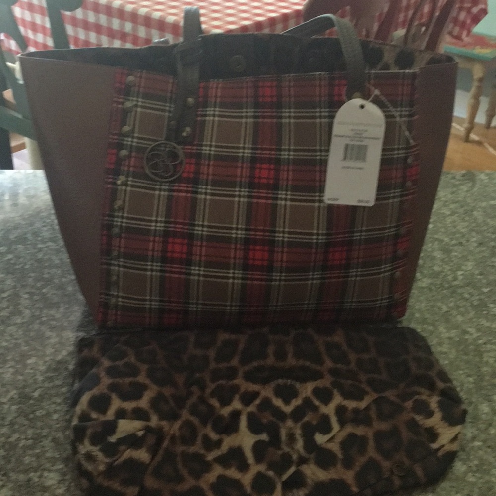 Jessica Simpson plaid bag with leopard pouch